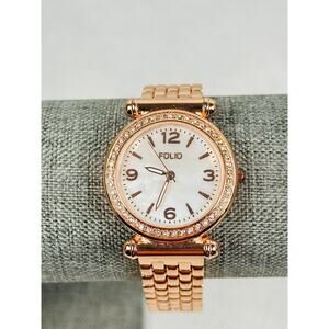 Folio Watch Womens 32mm Rose Gold Tone Pave Crystal Bezel MOP Dial New Battery